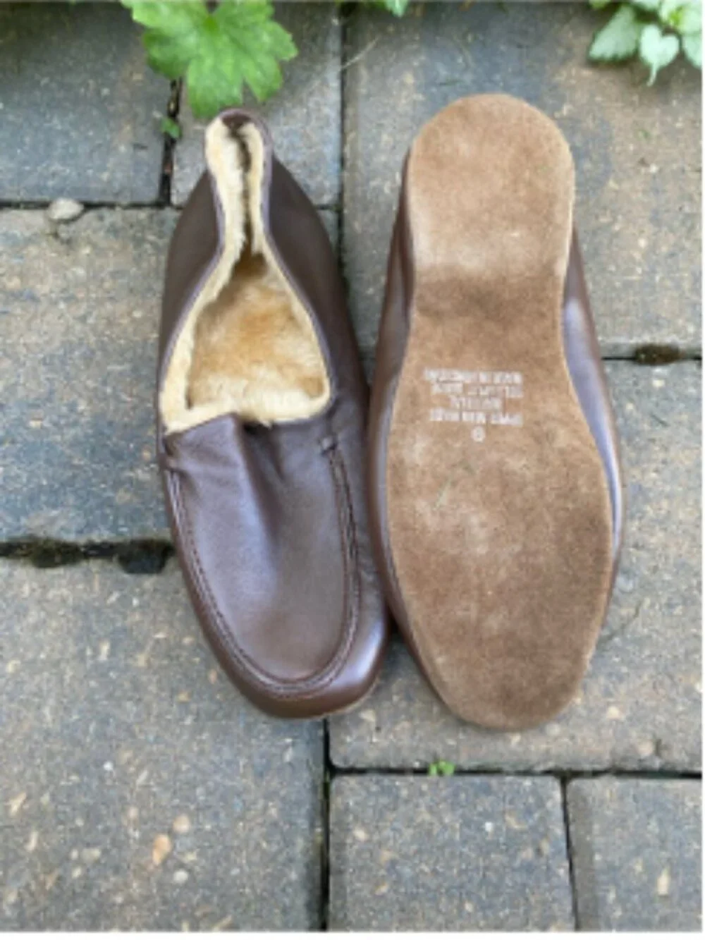 Men’s Brown Leather Moccasin Slippers, Faux Fur Lined, Size 9 Summer Sale